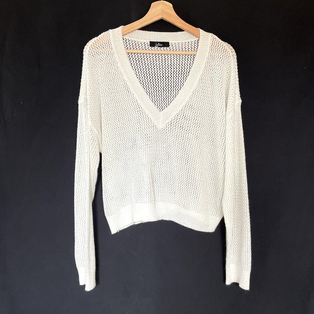 Lulus Sheer Knit V-Neck‎ Sweater Size M White Women Relaxed Nylon Blend